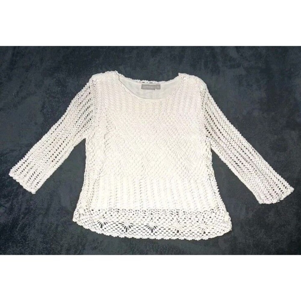 Croft Barrow Open Knit Crochet Lace Sweater PL Ivory Coastal Grandma Boho Beach